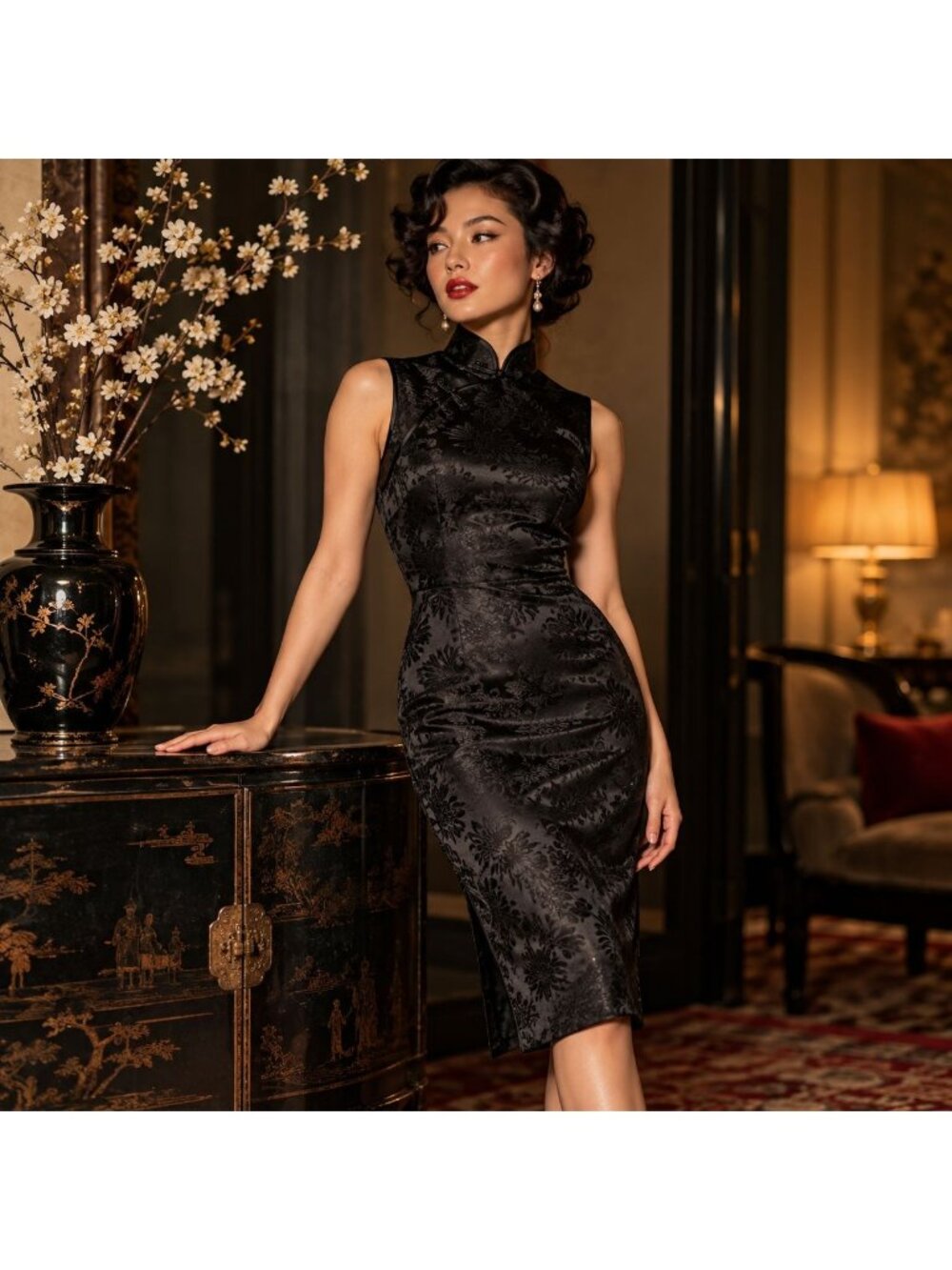 Vintage 50s 60s Black Silk Brocade Cheongsam Qipao Mandarin Collar Dress RARE!!!